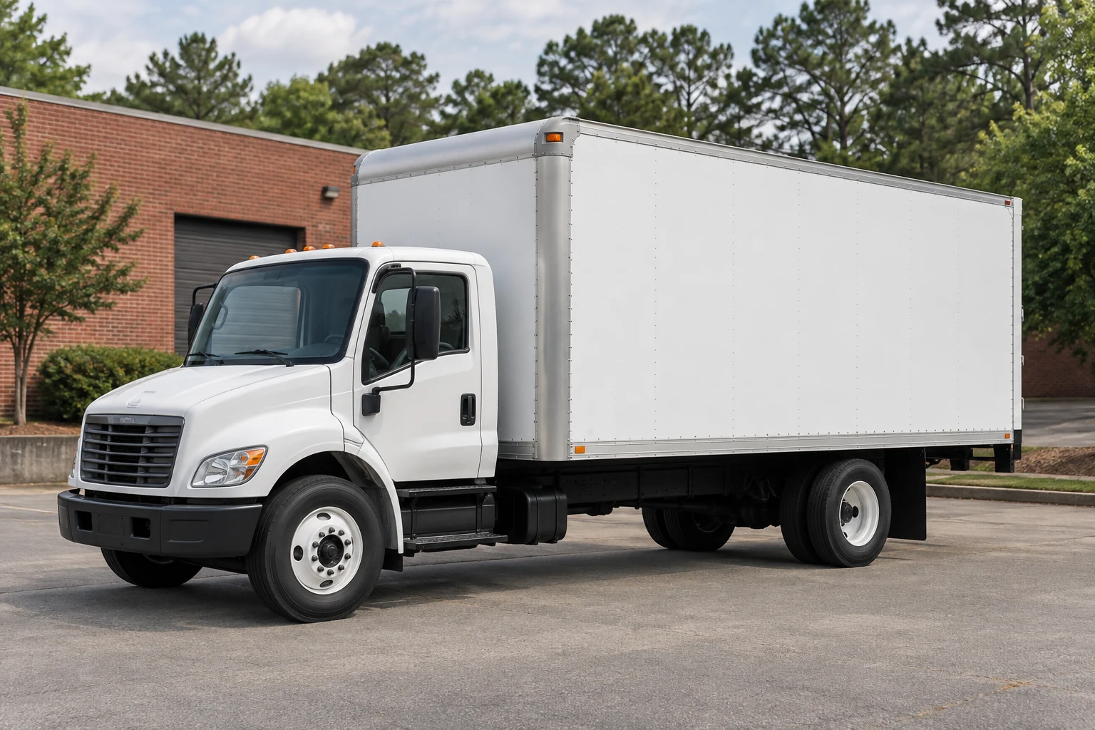 White commercial box truck parked beside a brick industrial building and southeastern trees, an illustrative scene